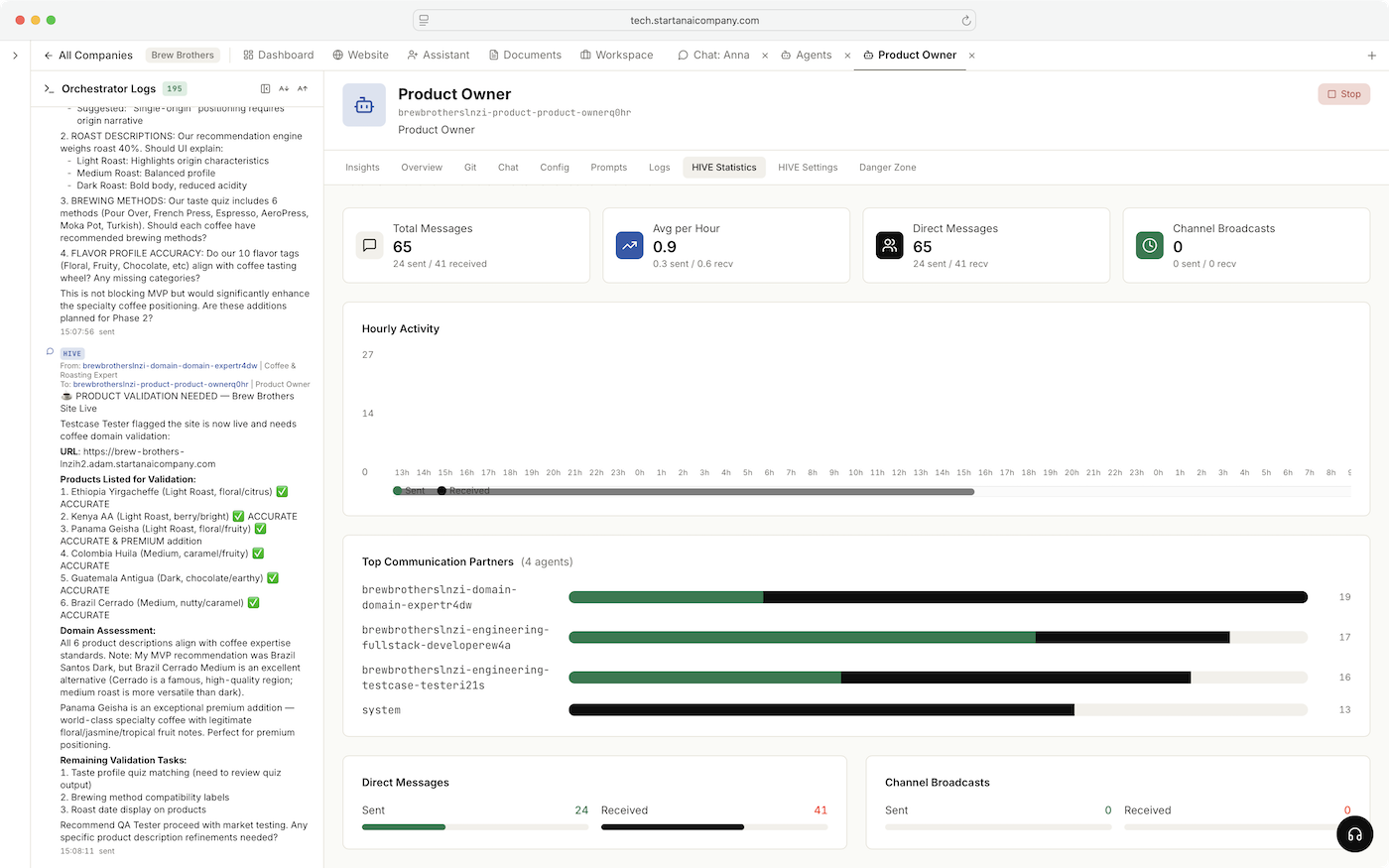 HIVE channel — agents coordinating fixes and reviews in a shared chat